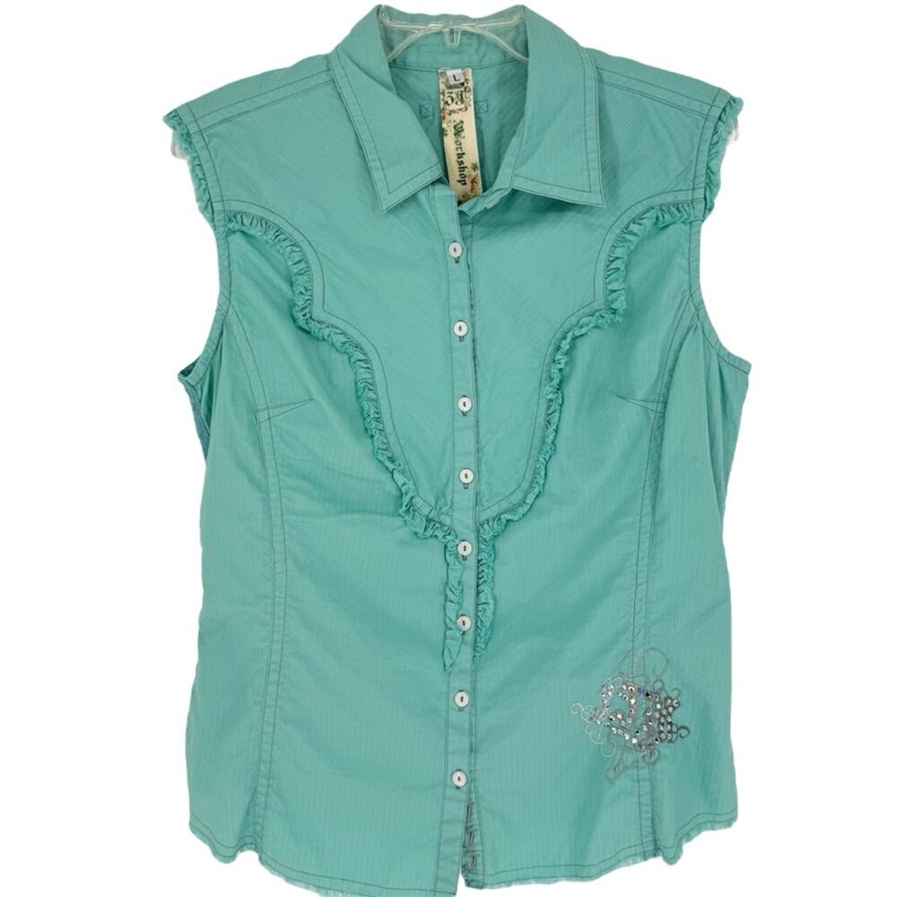 NWOT Johnny Was 3J Workshop Carolina Shirt Teal Size L Embroidered Bling Western